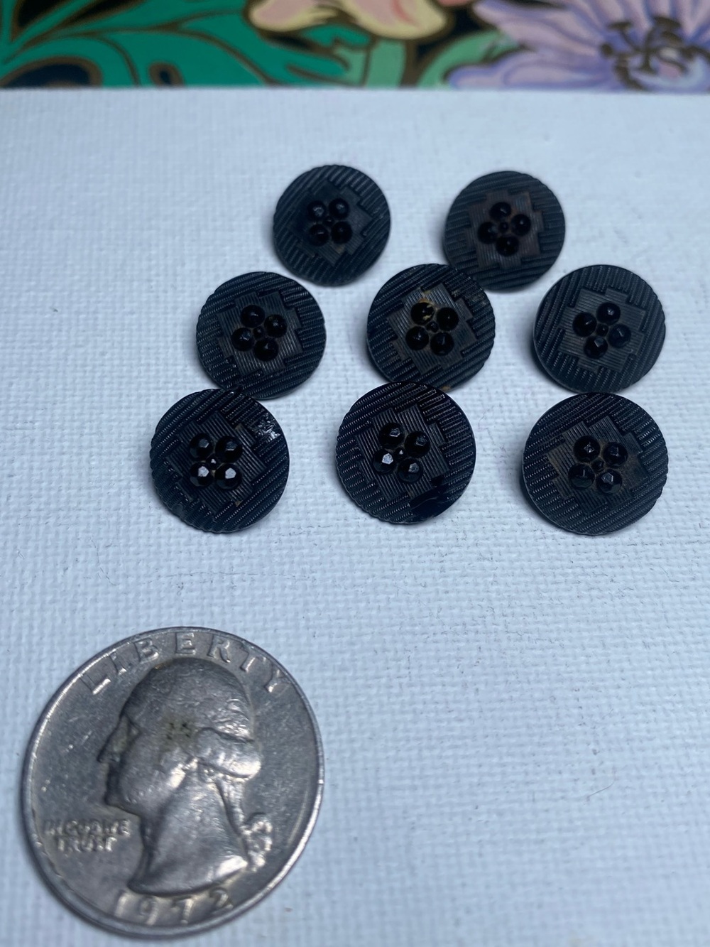 Antique Set of 8 Small Black Textured 4-Hole Buttons